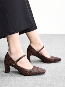 CUCCOO BIZCHIC Women's Fashion Snake Skin Square Toe Buckle Office Commute Strap High Heel Pumps, Spring/Autumn Valentine's Day - Redwood - View 4