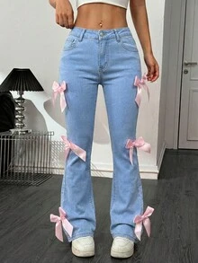 SHEIN PETITE Women's Casual Flare Jeans With Pockets & Bow Decor - Light Wash - View 5