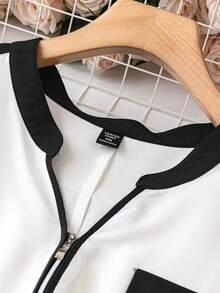 SHEIN CURVE+ Blusa de mujer talla grande sin cuello con bloques de color, para verano - Blanco y Negro - Ver 3