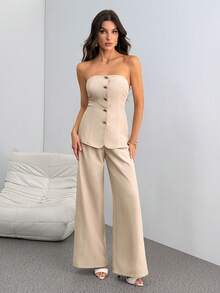 SHEIN Tall 女士优雅简约金属纽扣吊带背心和高腰阔腿卡其裤两件套，适合通勤、休闲、度假穿着。 - 卡其色 - 查看 5