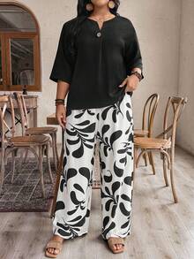 EMERY ROSE Plus Size Women's 2-Piece Set,Black And White Printed Wide Leg Pallazo Pants & V-Neck Cotton Linen-Like Shirt,Summer Casual Elegant Vacation Holiday - Black - View 5