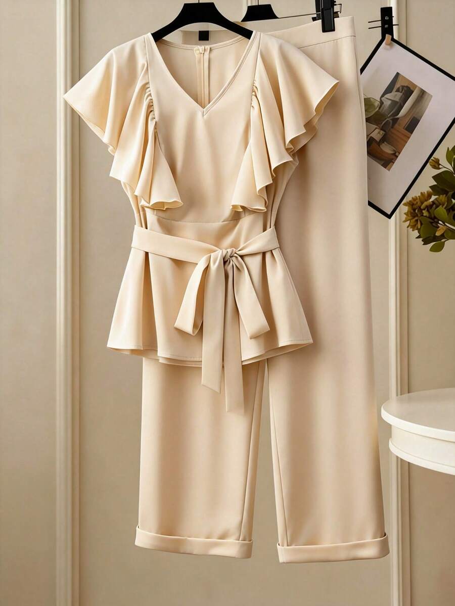GlowEve CURVE Plus Size Women's New 2-Piece Set, V-Neck Chiffon Ruffle Tie Bow Blouse And Loose Pants, Spring/Summer - Apricot - View 1