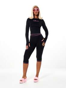 SUMWON WOMEN Contrast Stitching Two Piece Set With Script Long Sleeve Top And Capri Leggings Loungewear Co Ord Fall Winter Outfit - Black - View 1