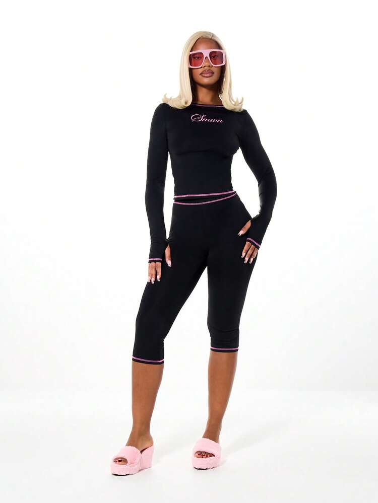 SUMWON WOMEN Script Long Sleeve Top And Capri Leggings Set