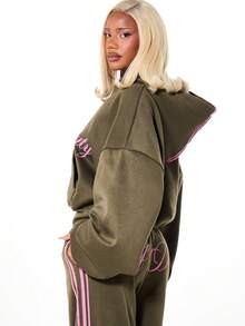 SUMWON WOMEN Áo Hoodie Oversized in chữ Off Duty, dây rút, túi giữa, phong cách đường phố thường ngày, áo nỉ chui đầu mùa đông thu. - xanh quân đội - Xem 3