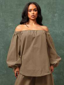 Vixey Elasticized Off Shoulder Long Sleeve Oversized Top - Coffee Brown - View 2