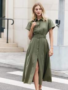 BizChic Women's Solid Color Button Front Slant Pocket Short Sleeve Dress, Urban Commute Business Casual Elegant Formal Party Dress For Halloween, Christmas, Gatherings - Army Green - View 5