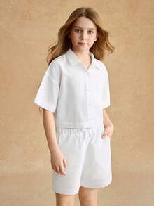 SHEIN Sparklyn 少女休闲街头风，适合度假、外出和上学，INS网红风白衬衫短裤套装 - 白色 - 查看 9