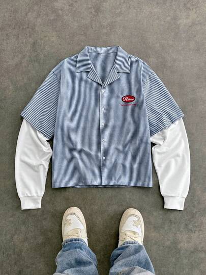 Manfinity Unisex Men's Casual Fashionable Striped Letter Embroidery 2 In 1 Shirt, Spring/Autumn