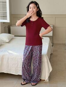 DAZY Tween Girls Short Sleeve Top & Pants Pajama Set, Fall - Burgundy - View 7