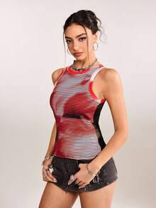 plantica 休闲性感都市现代简约Y2K亚文化时尚女式条纹蕾丝印花吊带背心，适合音乐节、日常穿着、度假、约会、派对、春夏穿着。 - 彩色 - 查看 4