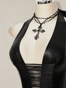 SHEIN ICON Y2k Women's Goth Black Concert Club Going Out Coachella PU Leather Halter Tie Backless Tassel Hollow Out Design Fashionable Versatile Top For Dates & Parties, Spring To Summer - Black - View 13