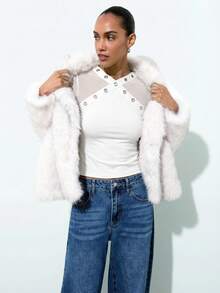 Maija Black V-Neck Eyelet Design Metal Decor Mesh Patchwork Fitted Waist Long Sleeve Top, Versatile For Urban Chic, Autumn/Winter - White - View 5