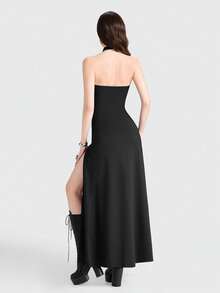 Breakform Women's Gothic Sexy Round Neck Halter Hollow Five-Pointed Star Front Ruched Decorative Eyelet Belt Double Side High Slit Fitted Long Dress - Black - View 2