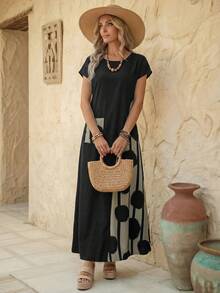 Faunlyn Vestido casual de vacaciones para mujer con estampado de patchwork y bloques de color - Negro - Ver 4