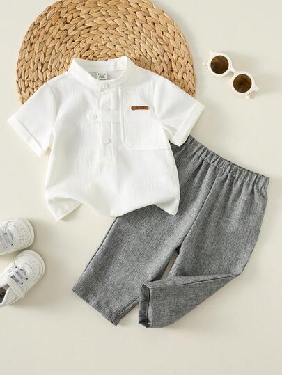 SHEIN 2pcs Baby Boy Casual Academy Style White Collar Shirt And Grey Pants Set, Suitable For Birthday Party, Rave, Evening Party, Performance, Wedding, Baby Shower, And 1st Birthday Celebration