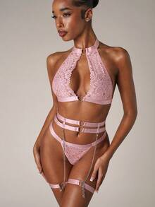 SHEIN BAE Floral Lace Ring Linked Garter Lingerie Set With 1pair Leg Ring - Baby Pink - View 6