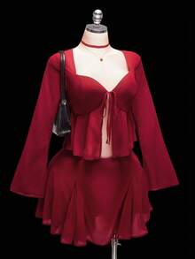 SHEIN ICON 大码酒红色系带蝴蝶结娃娃衫上衣，A字裙，两件套，情人节约会必备，优雅约会之夜装扮 - 酒紅色 - 查看 5