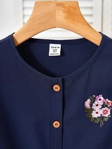 两件套：少女印花泡泡袖衬衫和不对称纽扣裙，舒适的春夏度假装 - 藏蓝色 - 查看 3