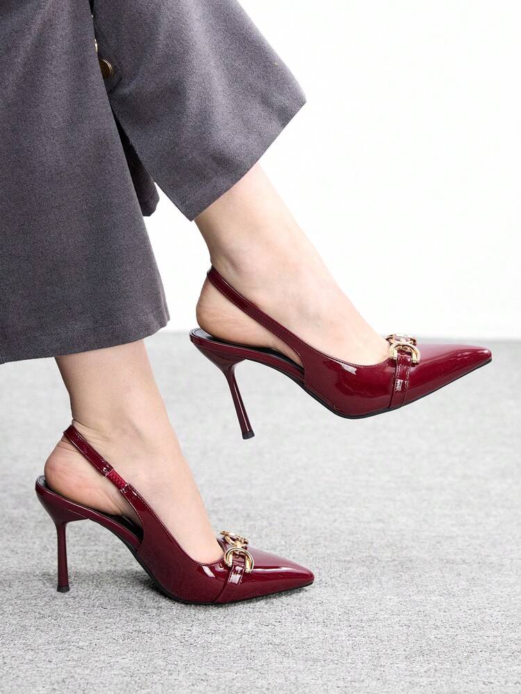 CUCCOO BIZCHIC Metal Buckle Pointed Toe Ankle Strap Stiletto Heels, European & American Fashion Style, Luxurious Quality, Ankle Strap Design, Glossy Material, Suitable For Fashion-Conscious Women, Can Be Paired With Dresses/Pants For Commuting, Dates, Light Social Occasions Valentine's Day