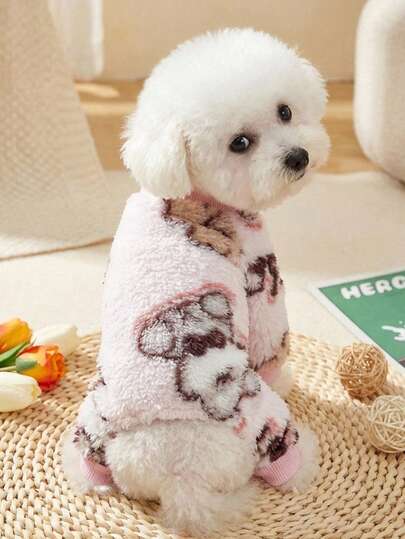 PETSIN 1pc Pet Dog & Cat Universal Pink Fleece Warm Polar Fleece Cartoon Puppy Print Jumpsuit