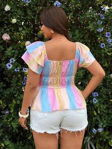 Sunnyshic Plus Size Ruched Tie-Front Colorblock Short Sleeve Shirt Multicolor Top - Multicolor - View 2