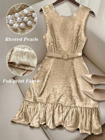 Cravure Plus Size Women's Metallic Shiny Fabric Round Neck Sleeveless Pearl Decor Casual Dress, Suitable For Party, Daily Wear, New Year Outfit, Spring/Summer