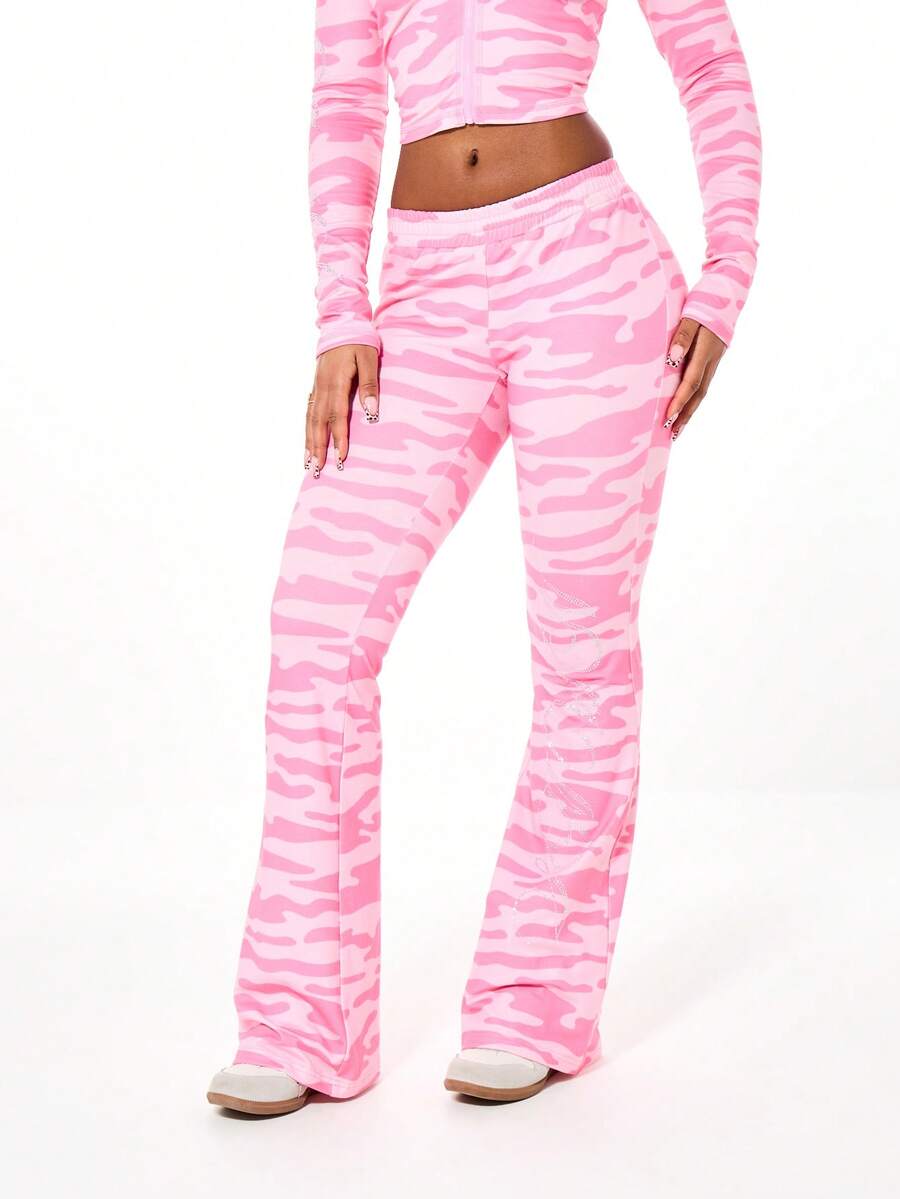 SUMWON WOMEN Pink Camouflage Print High Waisted Flare Leg Casual Pants For Women Spring Summer Streetwear Fashion - Pink - View 1