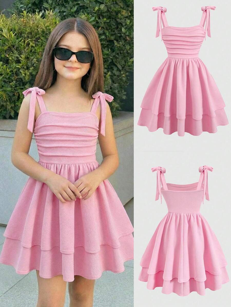SHEIN Vestido de tirantes con volantes y lazo con estampado floral para niñas preadolescentes, color rosa - Rosa - Ver 1