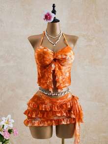 Bellisia Women's All-Over Print Ruffled Halter Neck Bikini Set With Skirt - Multicolor - View 2