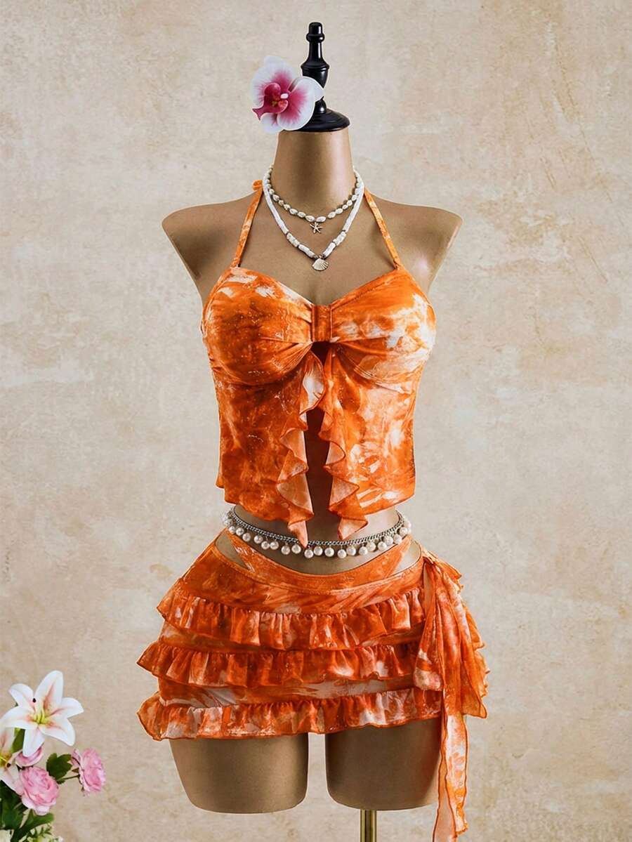 Bellisia Women's All-Over Print Ruffled Halter Neck Bikini Set With Skirt