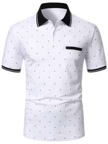Manfinity Homme Camisa polo de manga corta con estampado total y ribete de contraste para uso diario y casual de hombres en verano - Blanco - Ver 5