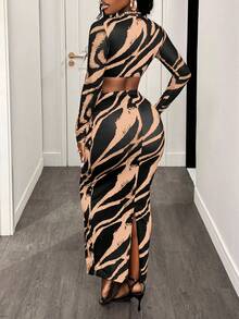 BamGleam 女士时尚街头风印花露脐上衣和半身裙两件套，秋季 - 黃色 - 查看 2