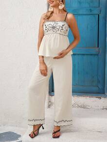 SHEIN 孕妇碎花吊带娃娃衫和阔腿裤两件套，休闲度假及日常穿着 - 杏色 - 查看 5