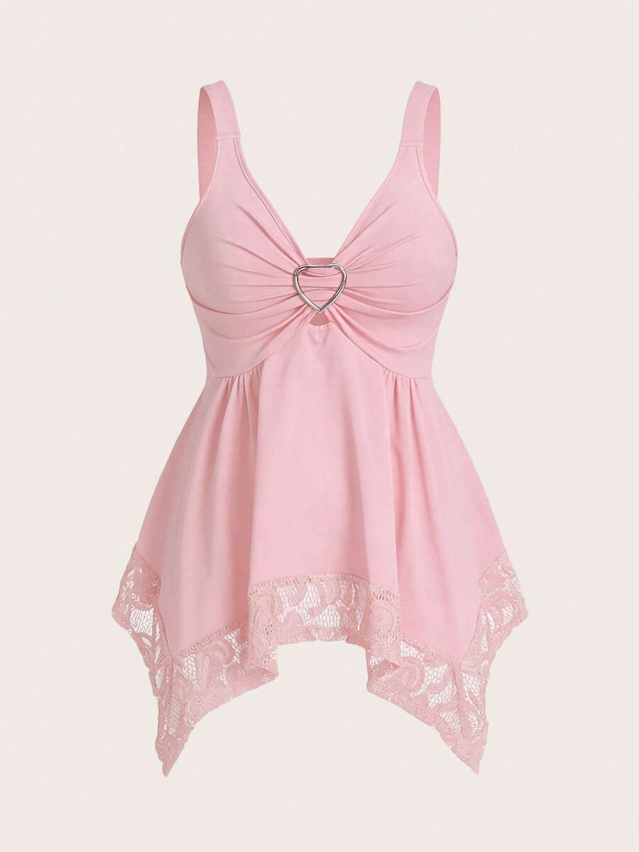 SHEIN Sweetro Áo tank top nữ ren trang trí hình trái tim và họa tiết hoa, kiểu Y2K, màu hồng, viền ren, chi tiết trái tim, áo babydoll hồng, áo camisole hồng. - Hồng - Xem 1