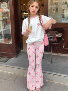 SHEIN Leap Crew 2pcs Tween Girls' Casual Sweet Pink Polka Dot Bow Print Short Sleeve Top And Pants Set, Suitable For Summer Family Outing, Easy Comfort, Casual Wear - Multicolor - View 2