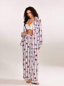 plantica Conjunto de pijama de manga larga con estampado floral y de rayas, estilo urbano casual y sexy, adecuado para vacaciones, citas, hogar, San Valentín, primavera/verano - Multicolor - Ver 3