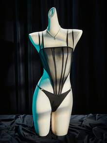 SpicyHot Black Mesh Jumpsuit For Women, Spaghetti Strap, Slim Fit, Sexy, Sheer, Charming, Suitable For Couples, Holidays, Dates, Home Wear - Black - View 6