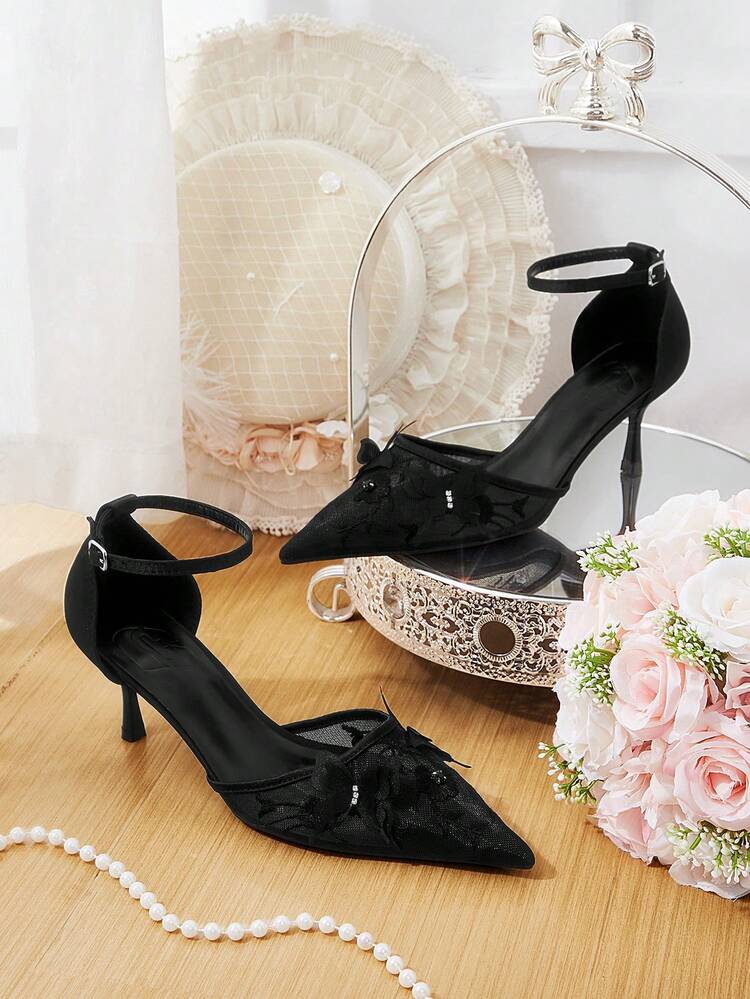 CUCCOO HITCHD Women Shoes Four Seasons New Embroidery Butterfly Type Flower Point Thin Heel High Heel Shoes Elegant Sexy Mesh Women's High Heel Shoes Rear Foot Wristband High Heel Shoes Sexy Elegant Fashion Wedding Valentine's Day Afternoon Tea Elegant Wear Valentine's Day Elegant Shoes