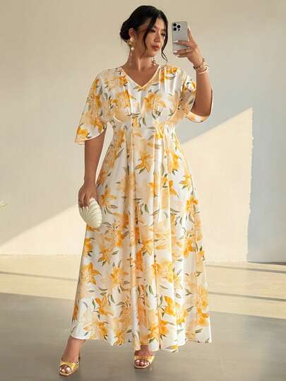 Firerie Plus Size Casual Floral Print V-Neck High Waist Pleated Zip Waist Swing A-Line Midi Dress, Elegant Daily Commute Vacation Style, Spring/Summer