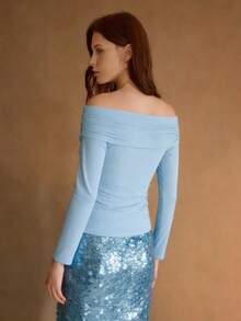 MOTF PREMIUM SOLID RUCHED OFF SHOULDER CROSS WRAP SLIM FIT TEE - Blue - View 2