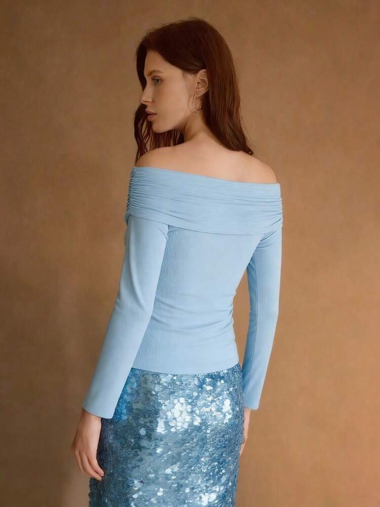 SOLID RUCHED OFF SHOULDER CROSS WRAP SLIM FIT TEE