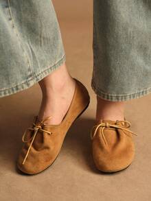 Rosivie Giày lười nữ mũi tròn, đế bằng, buộc dây, chất liệu da lộn, thoải mái. - Màu Khaki - Xem 3