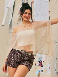 Freevana 大码波西米亚风香槟金亮片雪纺不对称领披肩，亮片薄纱罩衫，优雅派对/度假配饰，音乐节上衣 - 香檳色 - 查看 6