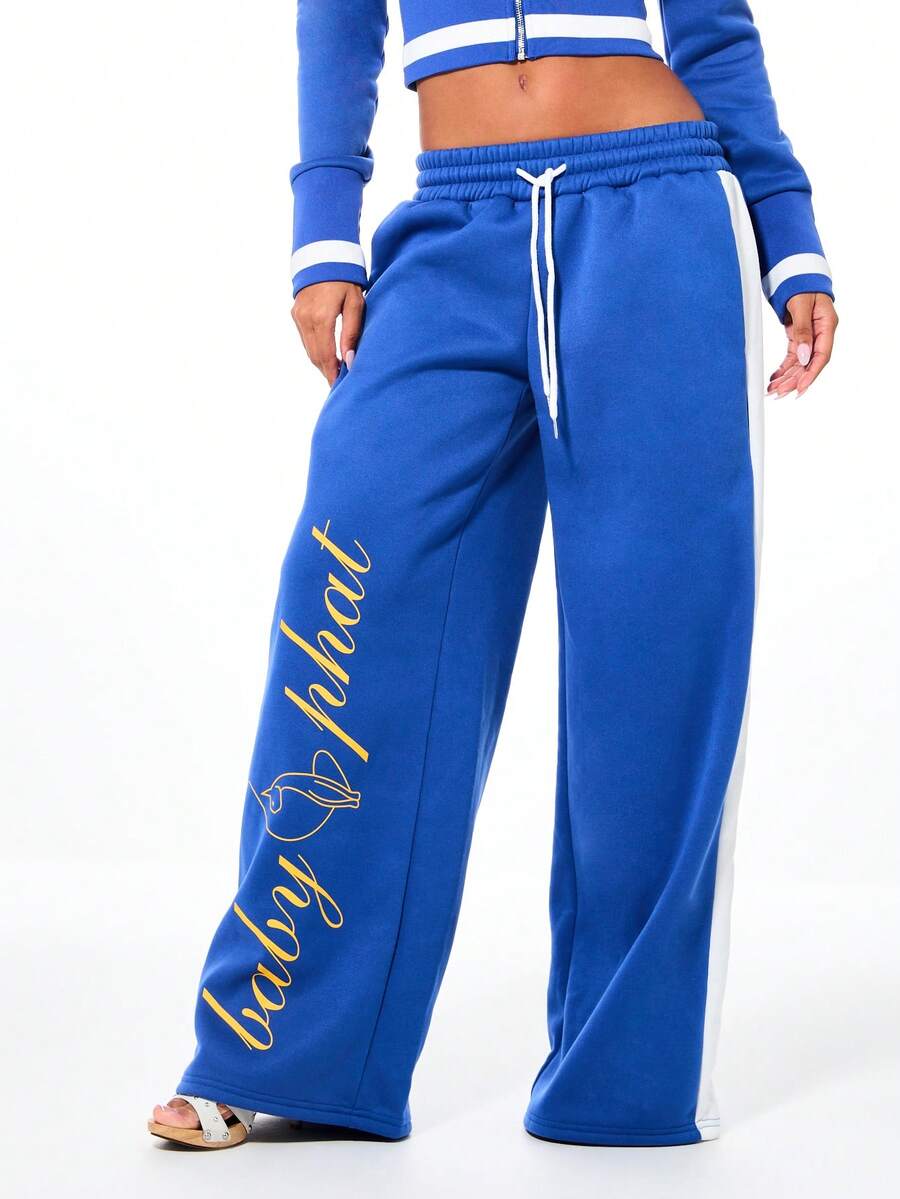 BABYPHAT Wide Leg Joggers With Side Panel Stripe Detail And Logo Script Print Drawstring Waistband Elastic Ankle Comfort Sweatpants - Blue - View 1