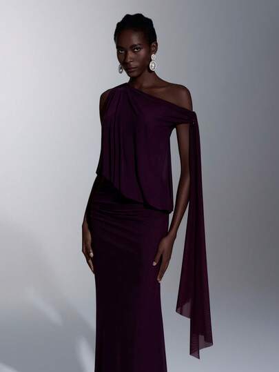 Elitara Elegant, Romantic, Fashionable Deep Purple Elastic Mesh Fabric Ruched Decor High Stretch Mermaid Hem Elegant Party Dress, Wedding Guest Dress, Purple Dress, Fashionable & Graceful Bridesmaid Dress