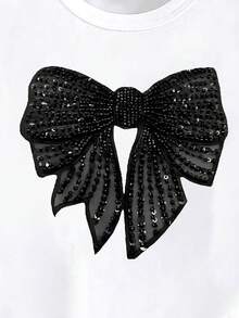 SHEIN Sparklyn 春夏休闲时尚创意个性清新别致简约亮黑色蝴蝶结装饰印花宽松T恤和打底裤套装，舒适日常穿着，适合春、夏、秋季少女穿着。 - 彩色 - 查看 5
