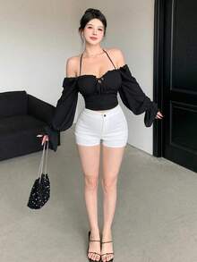 DAZY Women's Ruched One-Shoulder Camisole With Built-In Padded Bra, Sexy & Fashionable Long Sleeve Women - Black - View 3