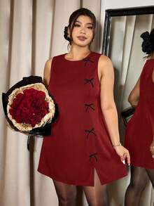 Elaquor Vestido elegante de talla grande con cuello redondo, sin mangas, ajustado, con diseño de moño y abertura lateral - Burdeos - Ver 3