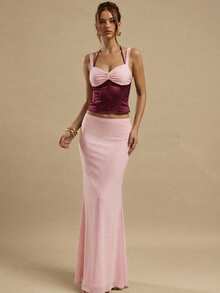 SHEIN BAE 2pcs/Set Women Solid Color Patchwork Top And Solid Color Skirt - Pink - View 3